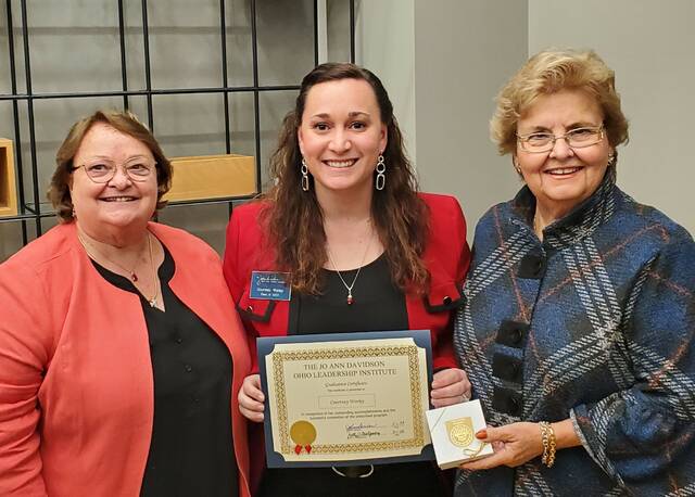 Betty D. Montgomery, chair of the Board for The Jo Ann Davidson Ohio Leadership Institute, recently announced that Courtney Worley (middle), of Brown County, graduated from the prestigious Institute at a recent ceremony that took place in Washington, D.C.
