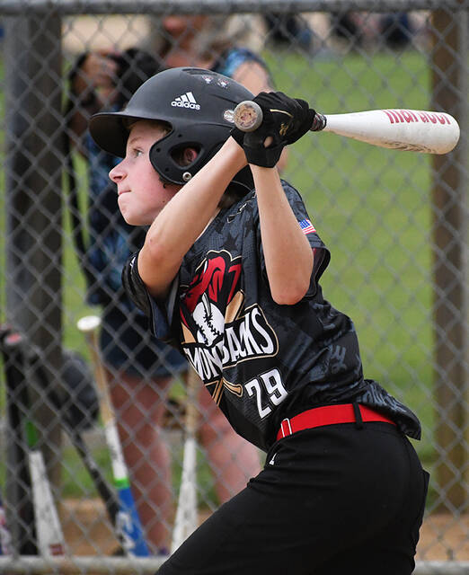 Avram Holden of the Mt. Orab Diamondbacks watches the flight of the ball during an at-bat June 29, 2023, in an East Region Knothole Baseball Class B Senior playoff game at Finley Ray Park in Milford.