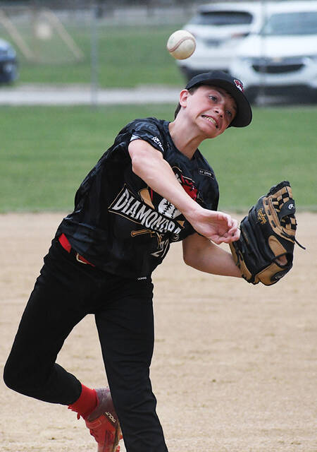 Mt. Orab Diamondbacks relief pitcher Wesley Yaczik unleashes a pitch during an East Region Knothole Baseball Class B Senior playoff game June 29, 2023, at Finley Ray Park in Milford.