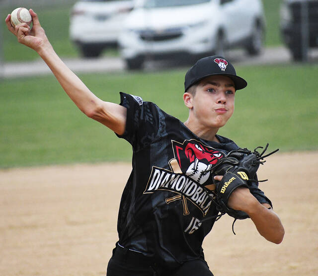 Mt. Orab Diamondbacks starter pitcher Deon Bradford throws against the Amelia Barons during an East Region Knothole Baseball Class B Senior playoff game June 29, 2023, at Finley Ray Park in Milford.