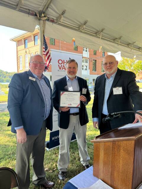 The Ohio Valley Regional Development Commission (OVRDC) held the Fall Full Commission Meeting, a bi-annual member recognition luncheon, on Friday, Sept. 22 at the Chilo Lock 34 Park and River Museum, Chilo in Clermont County. From the left, John Hemmings, Dan Wickerham, and Brown County Commissioner Barry Woodruff. Photo provided