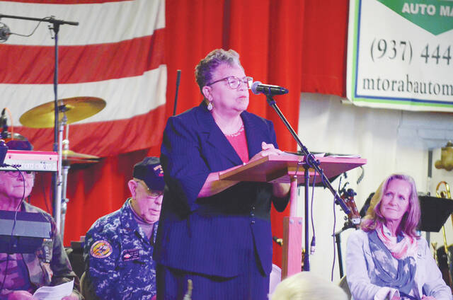 Local singer Harriett Groh performs for the crowd during the Brown County Fair Veterans Recognition Program held Sept. 28. Photo by Wade Linville