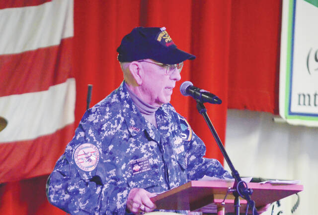 Rick Rhoades (VFW Post No. 9772) addresses the crowd during this years Brown County Fair Veterans Recognition Program held Sept. 28. Photo by Wade Linville