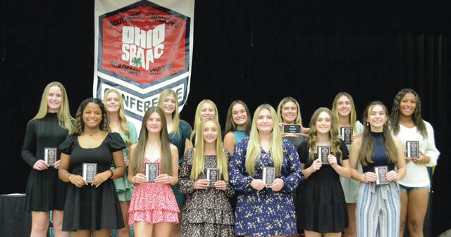 The 2023 Southern Buckeye Athletic/Academic Conference American Division First Team of girls soccer all-stars pose with their awards. Front row, from the left, Taliah Billingsley (Wilmington), Natalie Rice (Western Brown), Kendall Hanlon (Western Brown), Gabby Griffith (Western Brown), Harlee Mason (New Richmond), and Daegan Flamm (New Richmond); back row, Kaelyn Alderman (Goshen), Hope Roberts (Clinton-Massie), Leah Binau (Clinton-Massie), Emily Steiner (Batavia), Kaylee Rose (Batavia), Landrie Layman (Batavia), Averie Layman (Batavia), and Ashlynn Etheridge (Batavia). Photo by Wade Linville