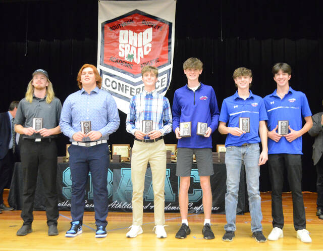 The 2023 Southern Buckeye Athletic/Academic Conference American Division First Team of boys golf all-stars pose with their awards. From the left, Tommy Halloran (Wilmington), Nick Stoffel (New Richmond), Carson Kuhlman (New Richmond), Andy Steed (Clinton-Massie), Logan Miller (Clinton-Massie), and Owen Goodwin (Clinton-Massie). Photo by Wade Linville