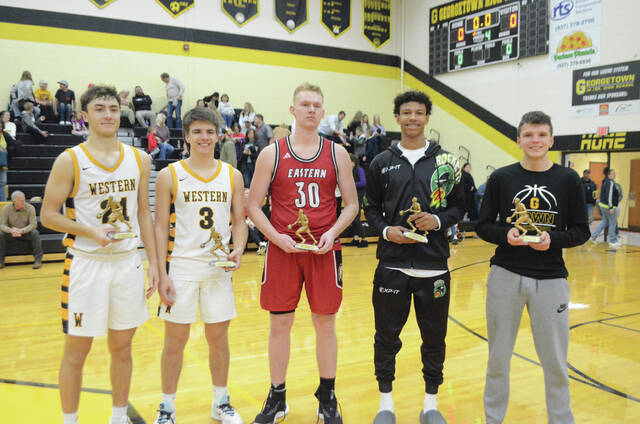 Named to this years Brown County Holiday Tournament boys all-tournament team were (from the left): Abe Crall (Western Brown), Jet Jamison (Western Brown), Luke Haney (Eastern), Alex Bradshaw (Fayetteville-Perry) and Aiden Johnson (Georgetown). Photo by Wade Linville