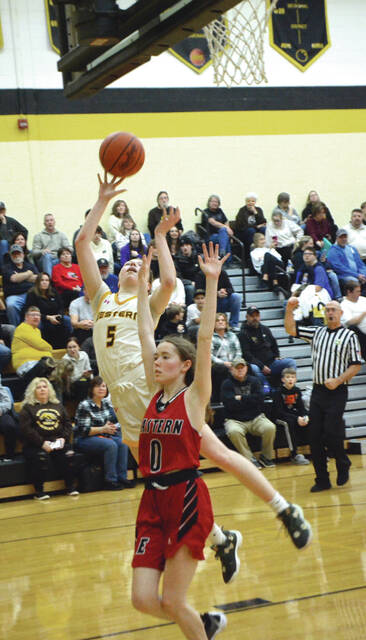 Western Browns Alyssa Campbell goes up for a shot during this years Brown County Holiday Tournament varsity girls championship game against Eastern. Photo by Wade Linville
