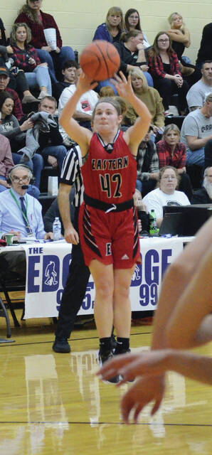 Easterns Clara Martin shoots from three-point range in the Brown County Holiday Tournament championship game on Dec. 29. Photo by Wade Linville
