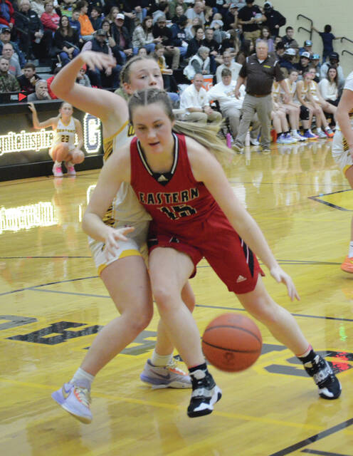 Easterns Emmalee Belmont drives to the hoop for a score during the Brown County Holiday Tournament varsity girls championship game on Dec. 29. Photo by Wade Linville