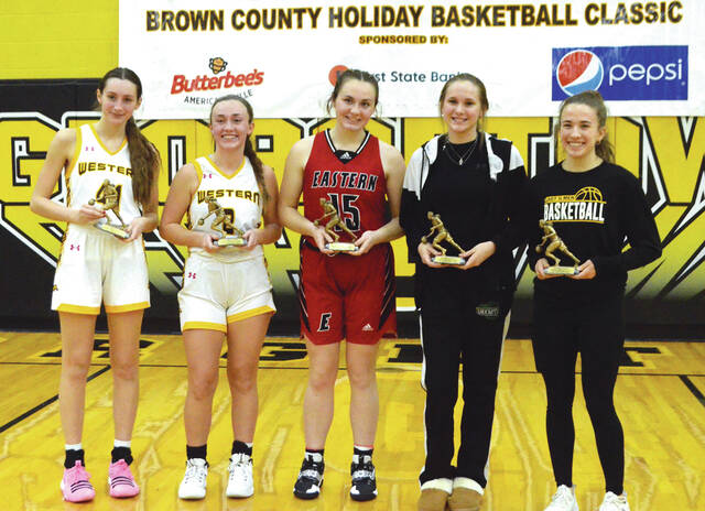 Named to this years Brown County Holiday Tournament girls all-tournament team were (from the left): Olivia Fischer (Western Brown), Hadley Jones (Western Brown), Emmalee Belmont (Eastern), Christina Murphy (Fayetteville-Perry), and Lizzy Cahall (Georgetown). Photo by Wade Linville