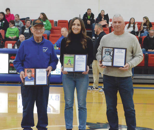 This years inductees into the Ripley-Union-Lewis-Huntington Sports Hall of Fame were, from the left, Joe Huff, Shaina Cales, and Joe Kirschner. Photo by Wade Linville