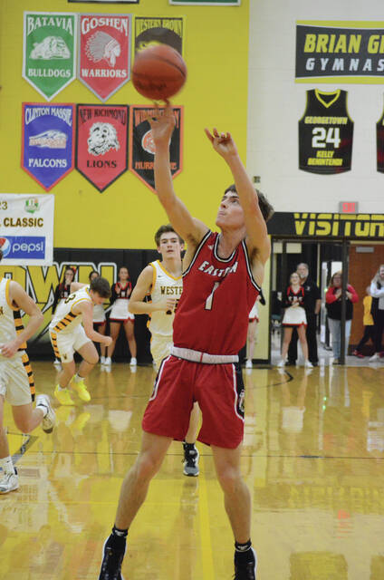 The Eastern Warriors will face Coal Grove Dawson-Bryant in Southeast District Division III Sectional/District Tournament play and on Feb. 19. Above, Easterns Kade Walkup buries a shot during a game this season. Photo by Wade Linville