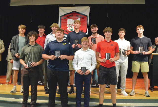 The 2024 Southern Buckeye Athletic/Academic Conference American Division First Team of boys tennis all-stars pose with their awards. Front row, from the left, Trey Reed (Wilmington), Jake Smit (New Richmond), Brock Lindner (New Richmond), and Tyler Bartley (New Richmond), back row, Wyatt Zimmerman (Goshen), Owen Widner (Goshen), Quentin Rice (Goshen), AJ Cameron (Goshen), Quinton Smith (Clinton-Massie), Elias Scott (Clinton-Massie), Avden Faucett (Clinton-Massie), and Colten Roberts (Batavia). Photo by Wade Linville