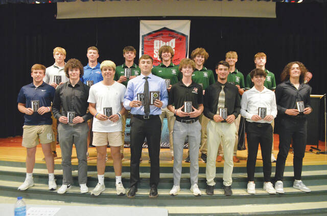 The 2024 Southern Buckeye Athletic/Academic Conference American Division First Team of baseball all-stars pose with their awards. Front row, from the left, Jake Stephens (Wilmington), Cameron Johnson (Western Brown) Jet Jamison (Western Brown), Abe Crall (Western Brown), Carson Kuhlman (New Richmond), Lex Hounshell (New Richmond), Cohen Hamann (Goshen), and Miles Theetge (Clinton-Massie); back row, Jackson Doyle (Clinton-Massie), Liam Denehy (Clinton-Massie), Brayden Schmittou (Batavia), Derek Richardson (Batavia), Mason Patrick (Batavia), Dom Hannah (Batavia), and Wes Embry (Batavia).