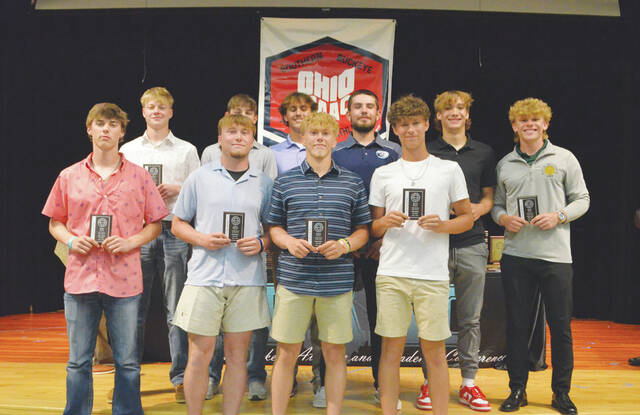 The 2024 Southern Buckeye Athletic/Academic Conference National Division First Team of baseball all-stars pose with their awards. Front row, from the left, Lukas Runk (East Clinton), Ayden Holden (Williamsburg), Austin Elkins (Williamsburg), and Kaleb Bogan (Williamsburg); back row, Peyton Lilly (East Clinton), Toby Huff (East Clinton), Lucas Yeager (Clermont Northeastern), Bryce Sipple (Blanchester), Sammy Roush (Blanchester), and Austin Dick (Blanchester). Photo by Wade Linville