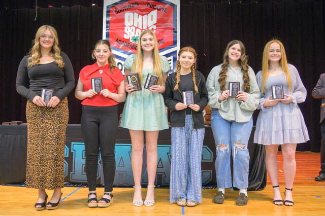 The 2024-25 Southern Buckeye Athletic/Academic Conference National Division First Team of girls bowling all-stars pose with their awards. From the left, Addison OConnor (Georgetown), Jadah Mingua (Georgetown), Carolyn Edmisten (Georgetown), Nevaeh Ackerson (Georgetown), Kyleigh Seibert (Bethel-Tate), and Kaylee Randolph (Bethel-Tate). Photo by Jake Dowling/Clermont Sun