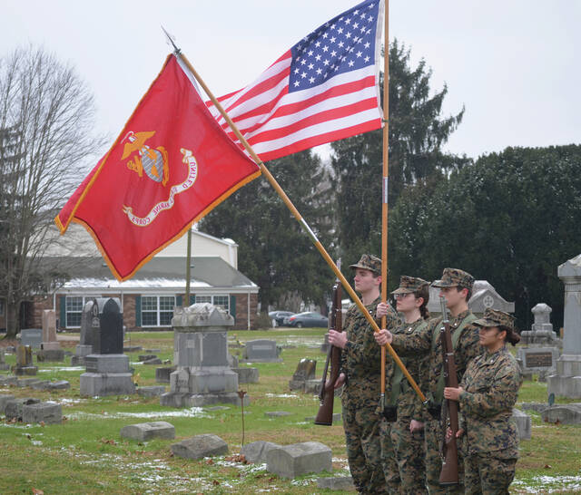 Presenting the colors for the Wreaths Across America Day ceremony was the Ripley-Union-Lewis-Huntington High School JROTC Color Guard. Photo by Wade Linville