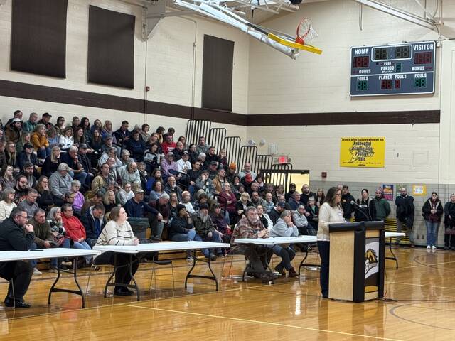 Christina Colegate addresses council regarding the plans for the mega-site in Mt. Orab during the Jan. 27 Village of Mt. Orab special council meeting held at Mt. Orab Middle School. Photo by Wade Linville